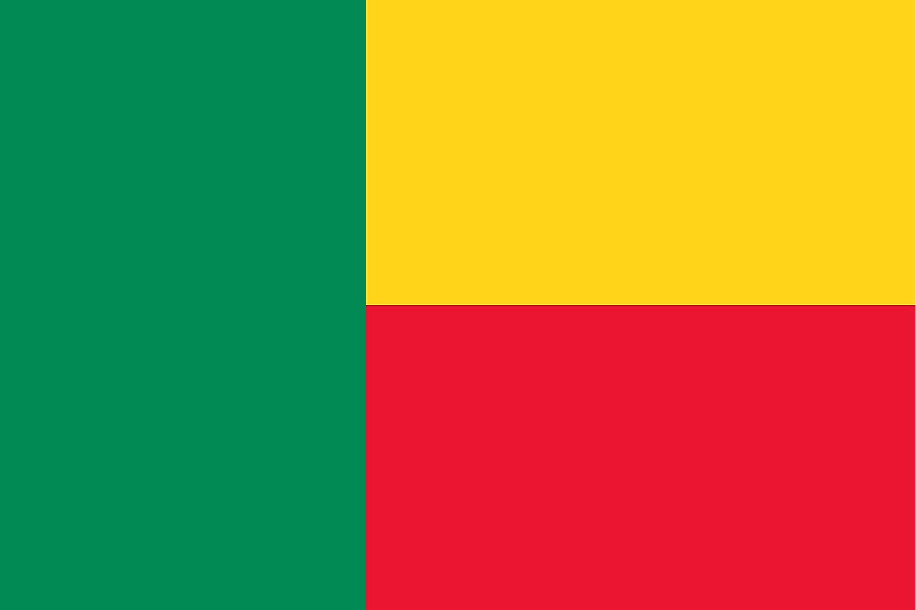 The National Flag of Benin featuring two equal horizontal bands of yellow and red on the right side and a vertical green band on the hoist side.