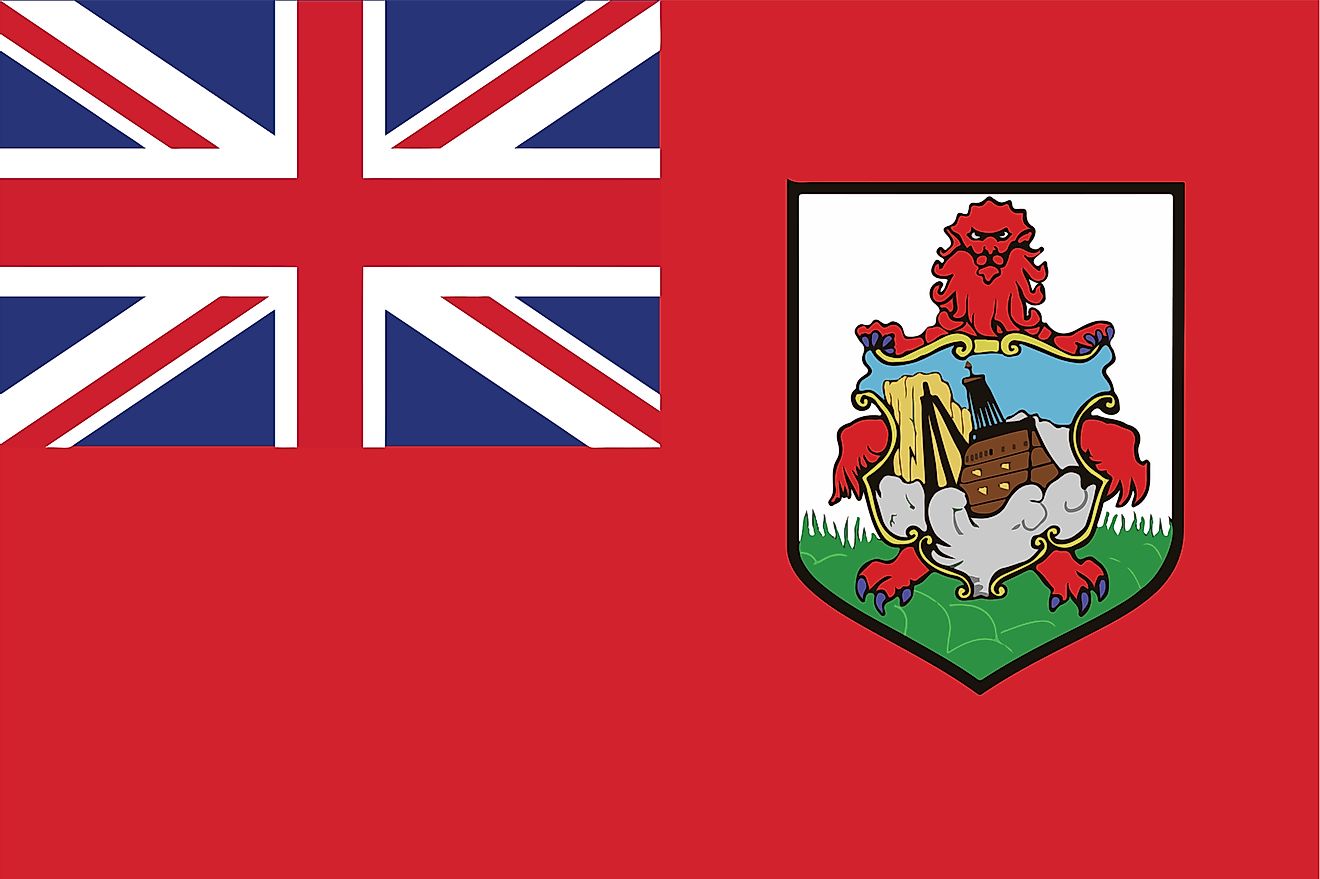The National Flag of Bermuda features a red background with the flag of the UK on the hoist side and the Bermuda coat of arms centered on the outer half of the flag.