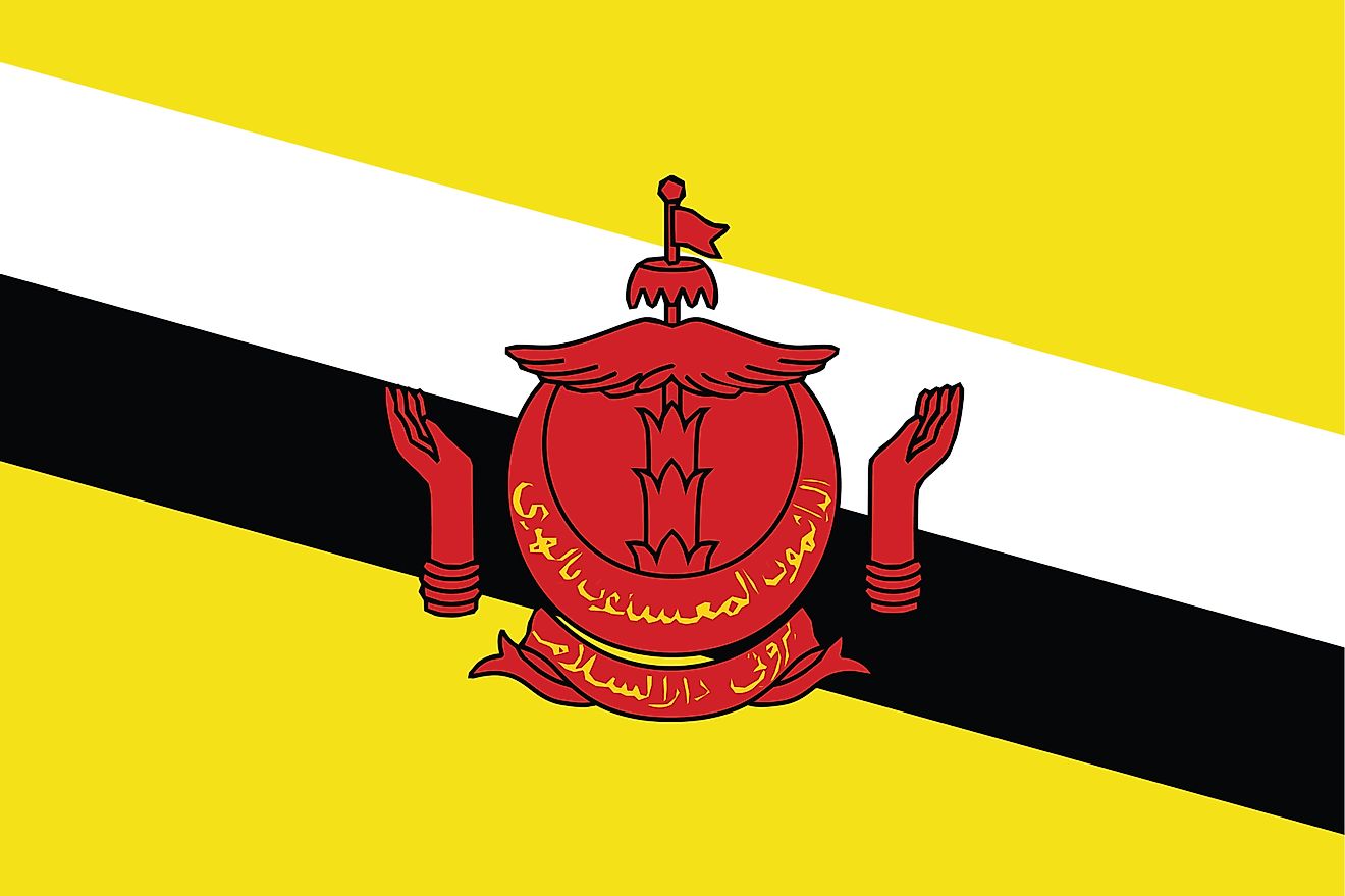 The National Flag of Brunei Darussalam features a yellow field with two diagonal black and white stripes. 