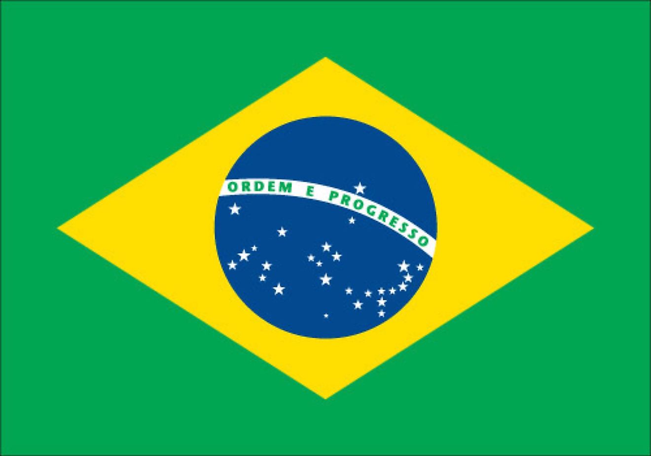 The National Flag of Brazil (Verde e amarela) features a green field with a large yellow diamond (rhombus), with a floating blue celestial globe in its center.