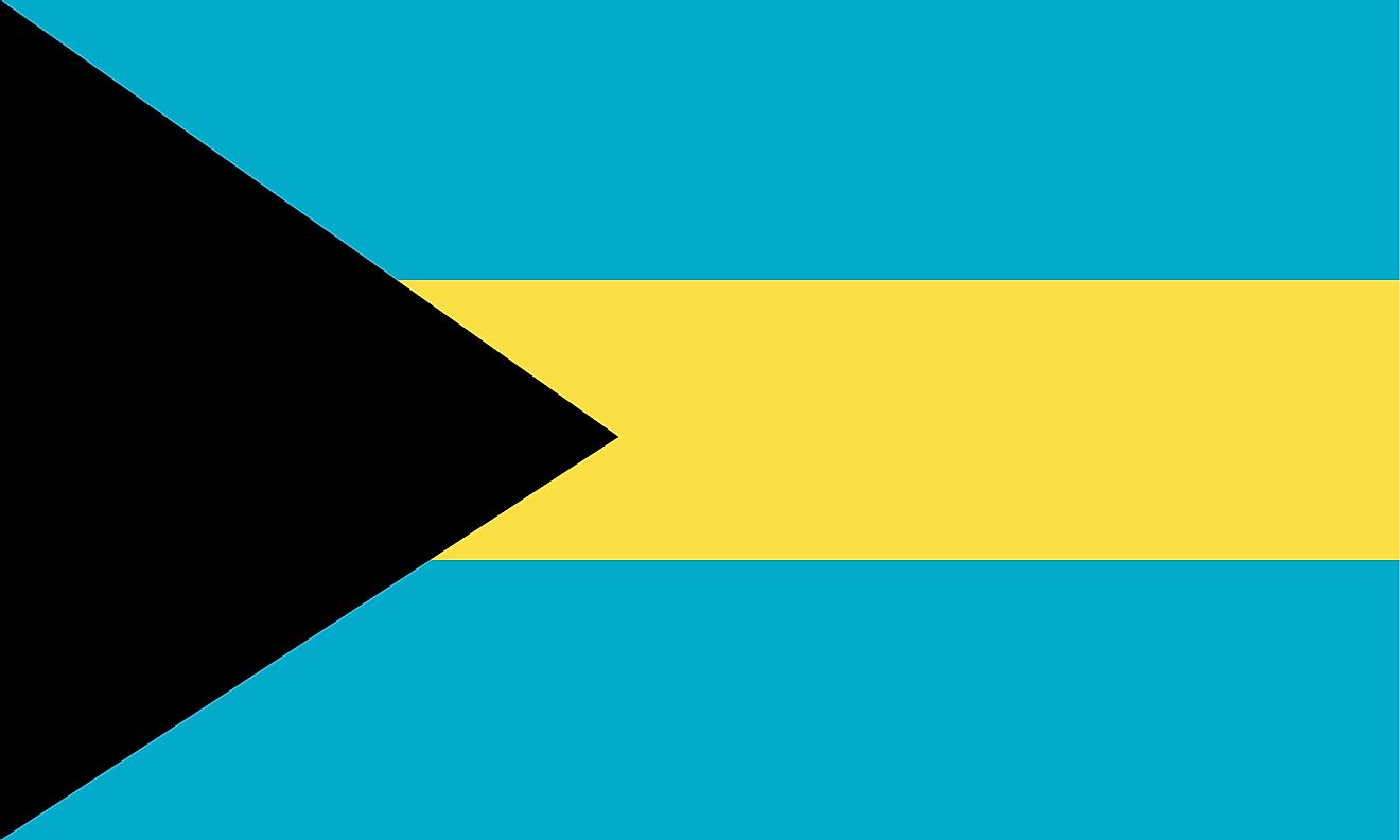The National Flag of The Bahamas features three equal horizontal bands of aquamarine (top), gold, and aquamarine; with a black equilateral triangle based on the hoist side.
