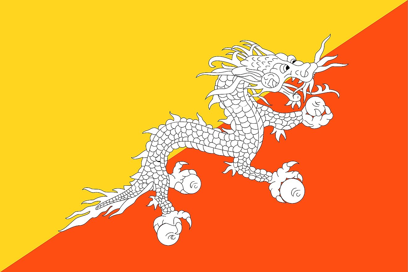 The National Flag of Bhutan is diagonally divided into the upper yellow triangle and the lower orange triangle; featuring a white dragon in its center.