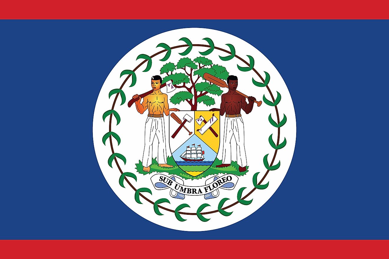 The National flag of Belize features a royal blue field with two narrow red stripes along the top and bottom edges, with the coat of arms on a central disc on the blue field; 