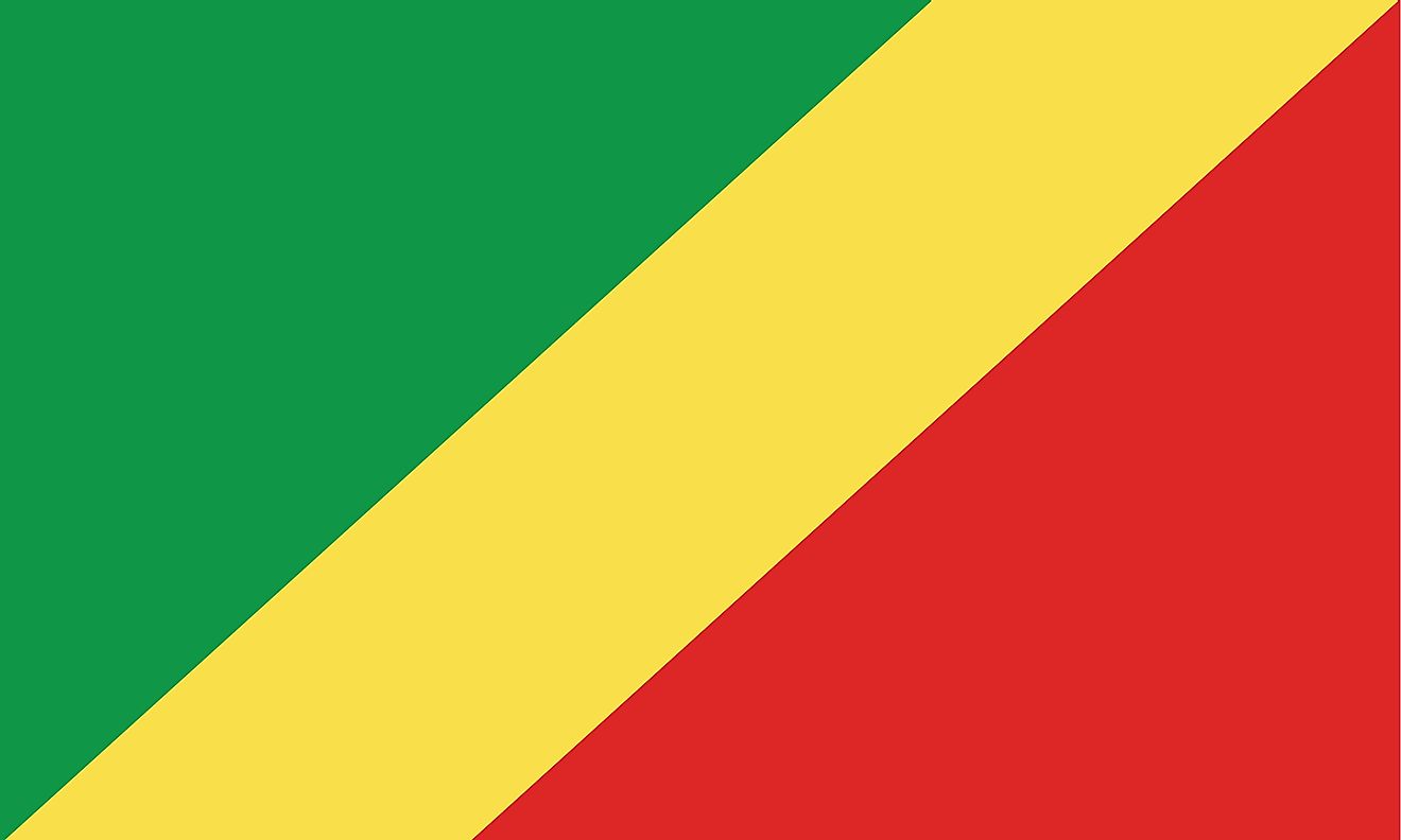 The National Flag of the Republic of Congo features a diagonal yellow stripe which separates a green triangle at the hoist and a red triangle at the lower side.