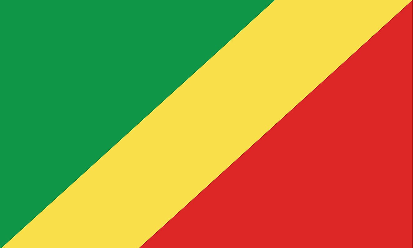 The National Flag of the Republic of Congo features a diagonal yellow stripe which separates a green triangle at the hoist and a red triangle at the lower side.