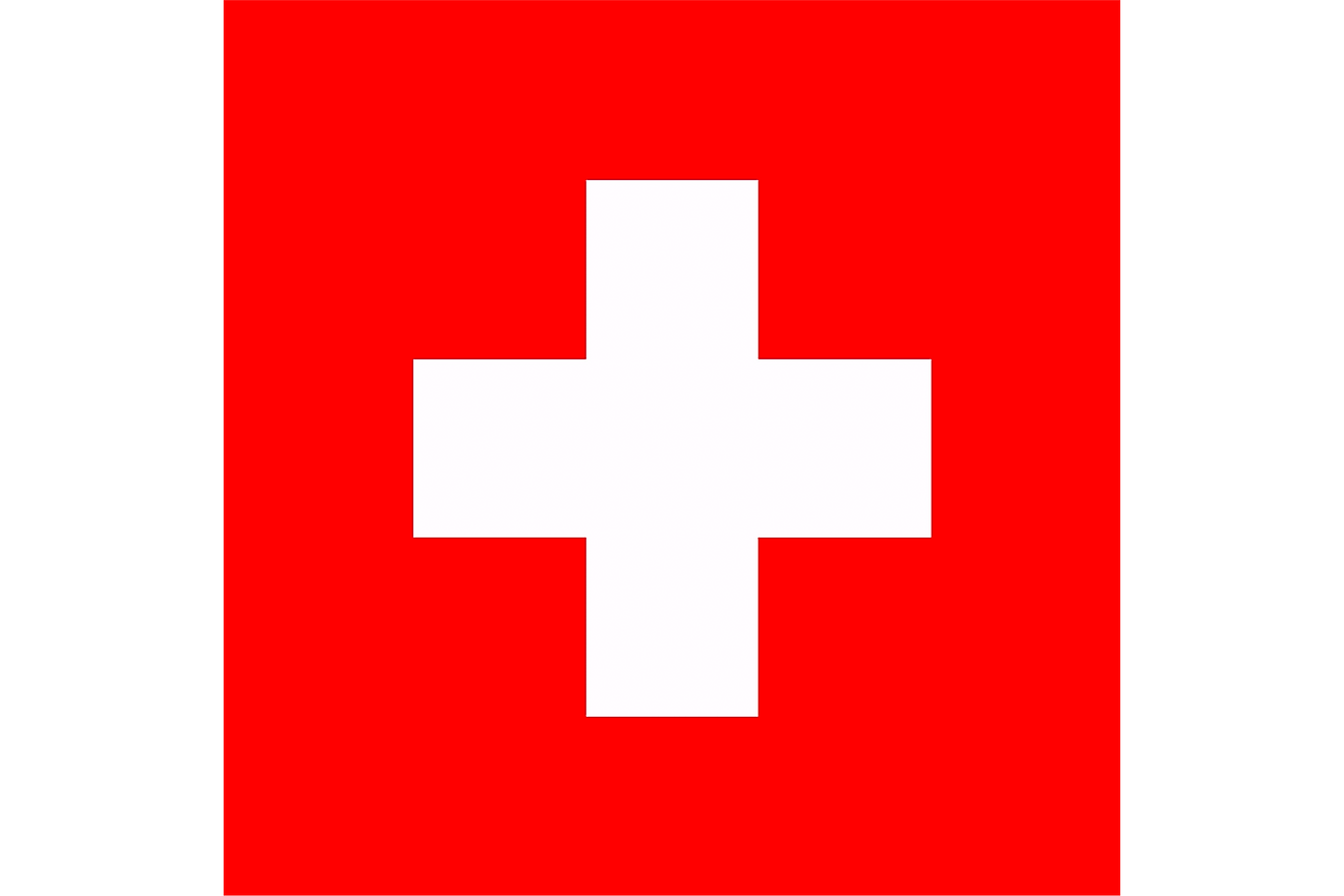 The National Flag of Switzerland is a red square flag with a bold, equilateral white cross in its center. 