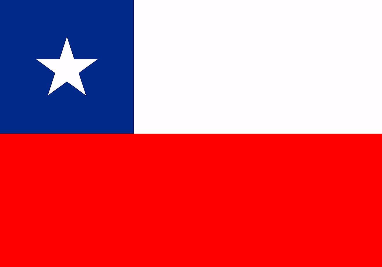 The National Flag of Chile features two equal horizontal bands of white (top) and red; with a blue square band at the hoist end of the white band. 