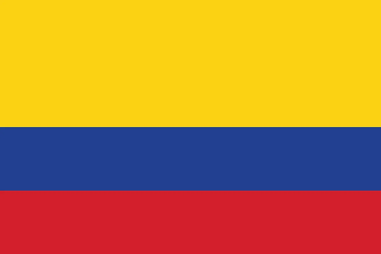 The National Flag of Colombia features three horizontal bands of yellow (top, double-width), blue, and red.