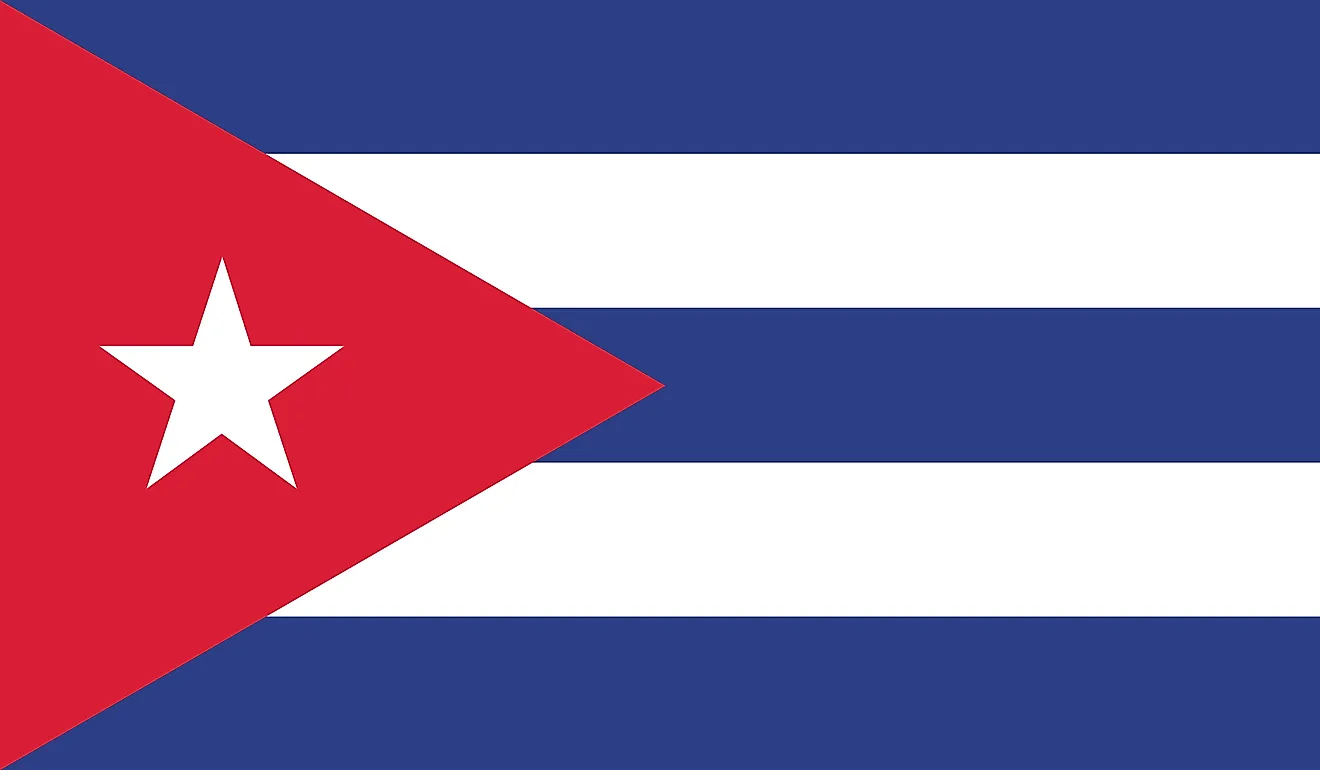 The National Flag of Cuba features three equal horizontal bands of blue (top, center, and bottom) alternating with two white bands.