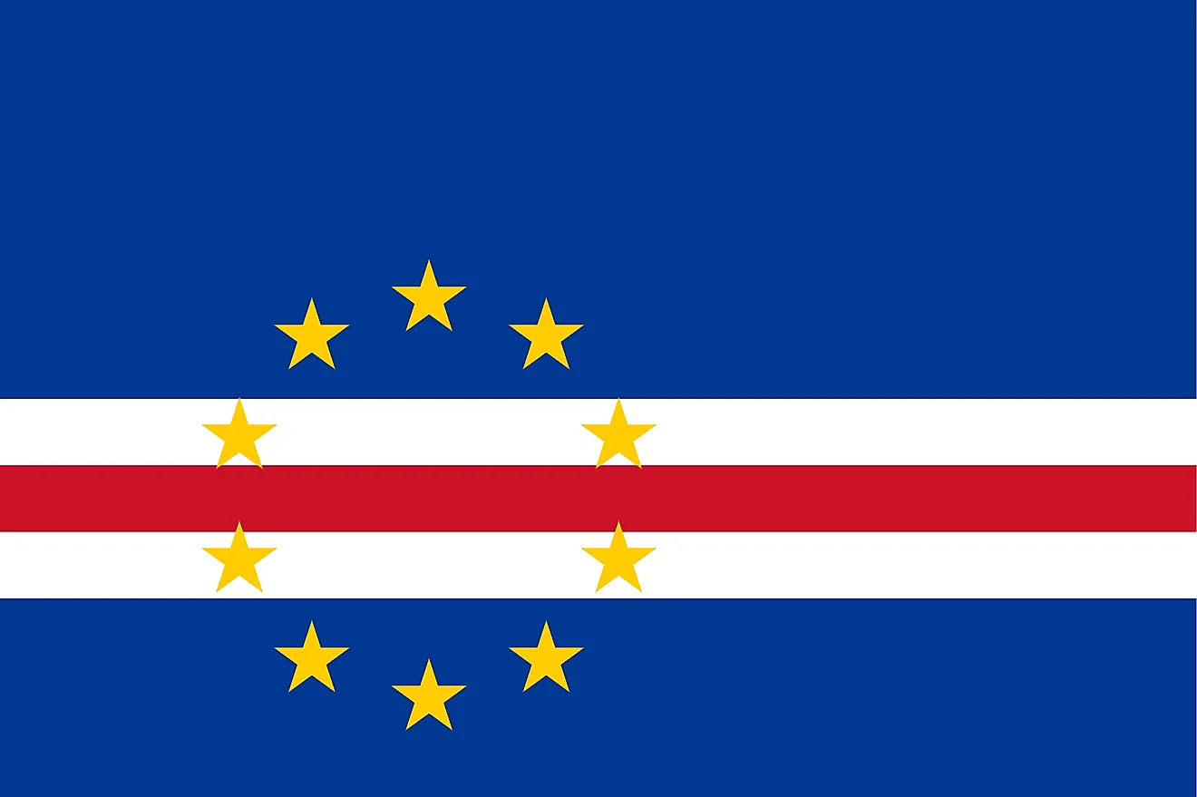 The National Flag of Cape Verde features five unequal horizontal bands of the colors blue, white and red with a ring of 10 yellow stars which is set-off in the center towards the hoist.