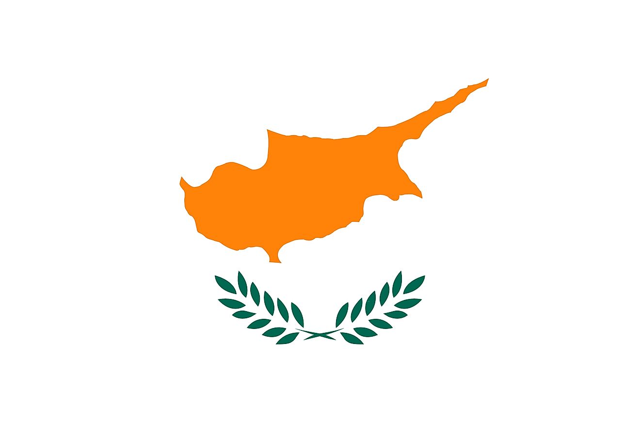 The National Flag of Cyprus features a copper-colored silhouette of the island that is centered on a white field; and placed above two olive-green-colored, crossed olive branches. 