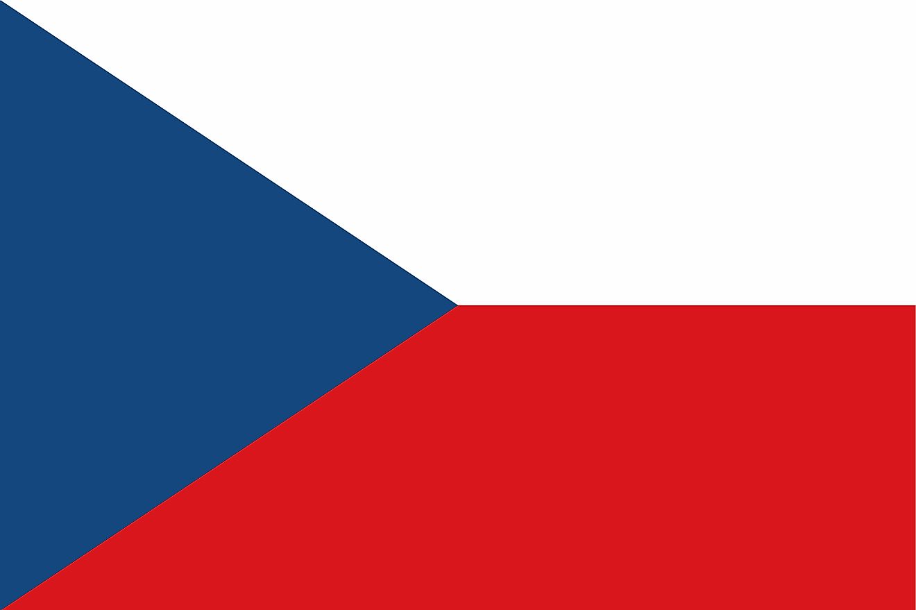 The National Flag of Czech Republic features two equal horizontal bands of white (top) and red with a blue isosceles triangle based on the hoist side.