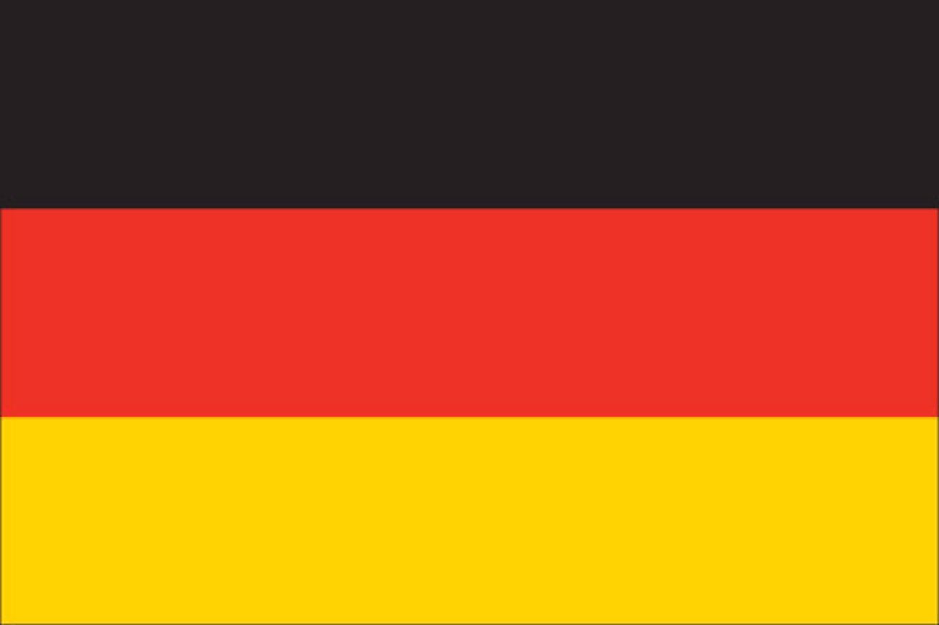 The National Flag of Germany features three equal horizontal bands of black (top), red, and gold. 