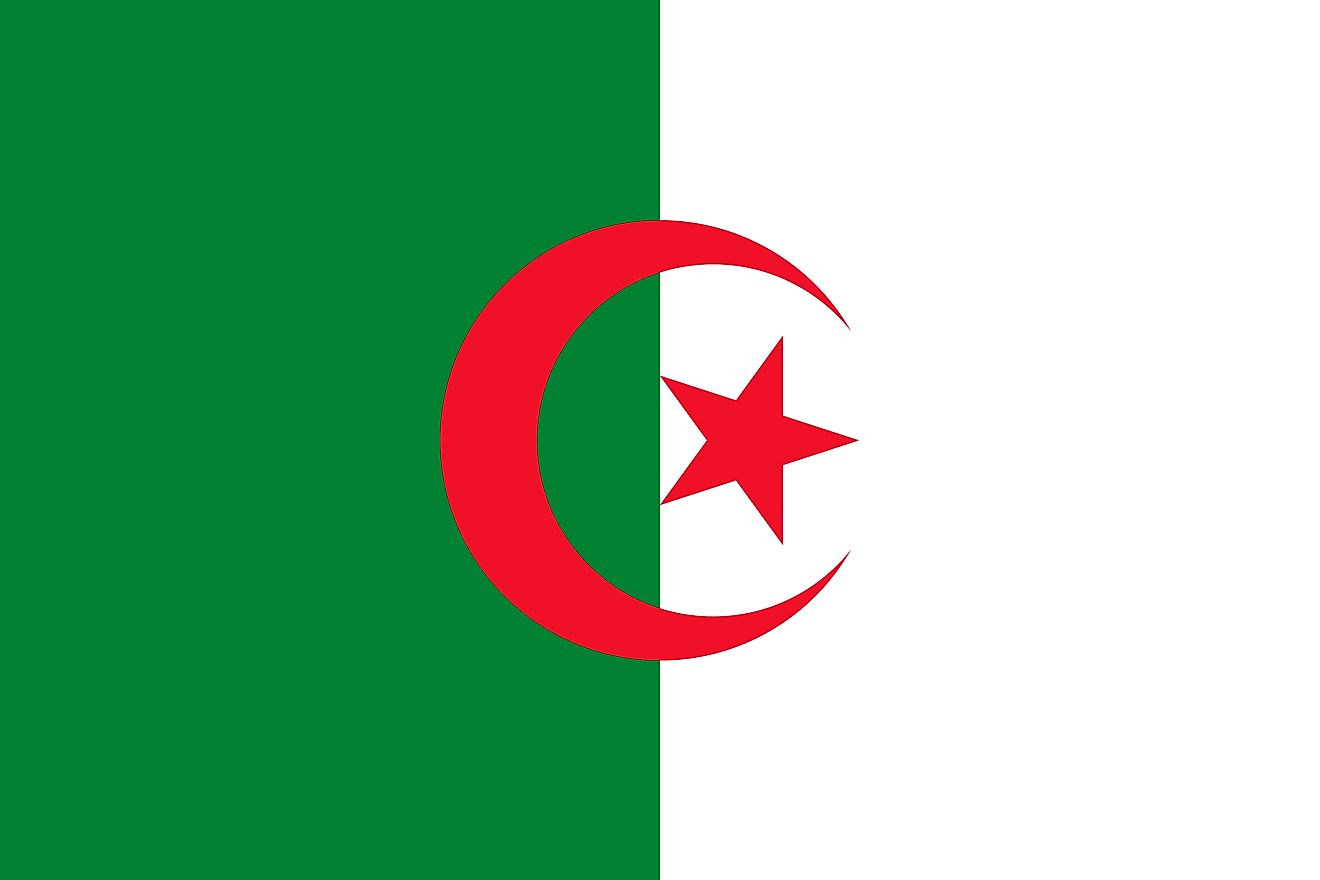 The National Flag of Algeria features two equal vertical bands of green (hoist side) and white, with a red star and a crescent at the two-color boundary