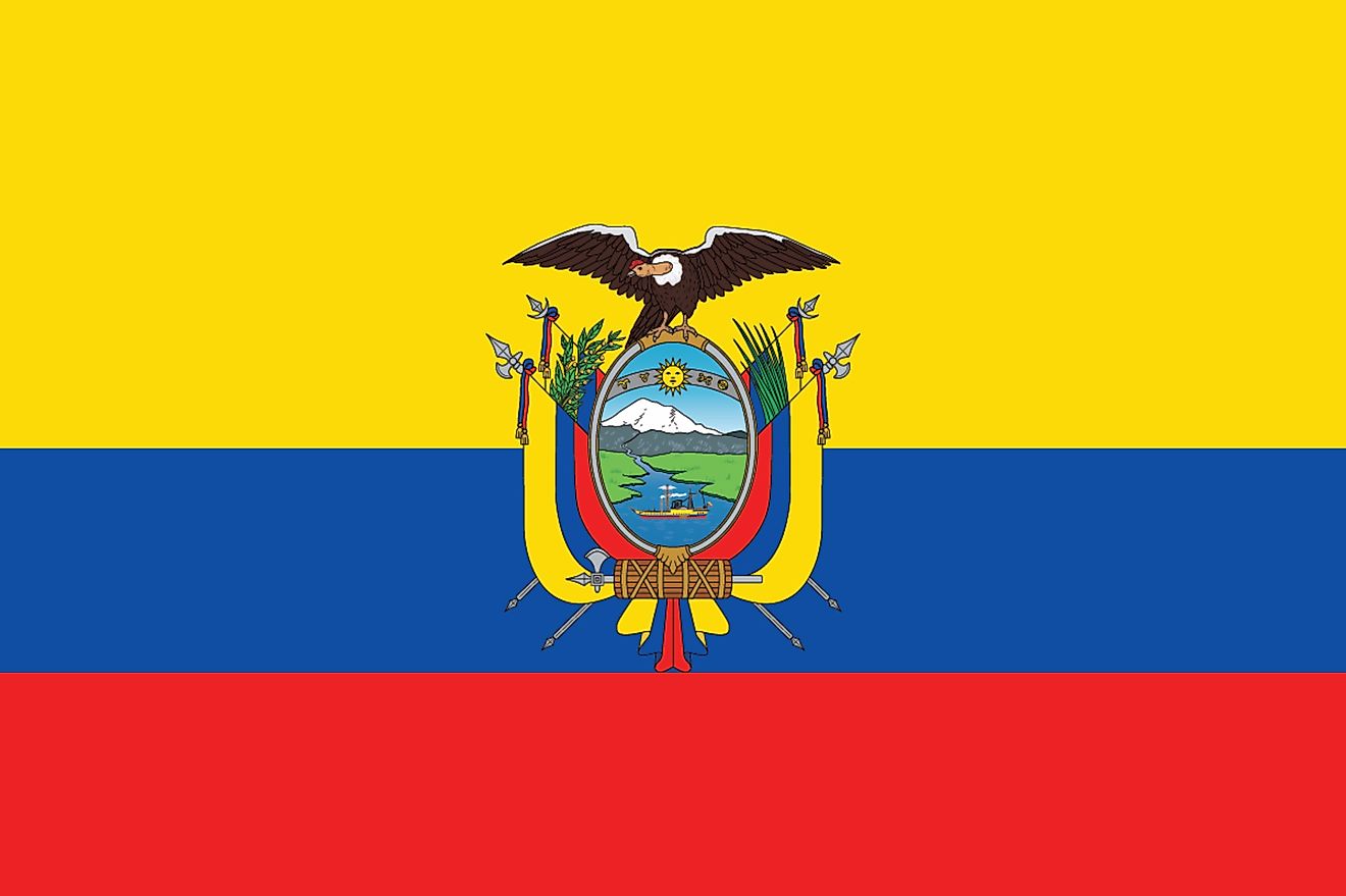 The National Flag of Ecuador features three horizontal bands of yellow (top, double-width), blue, and red; with the coat of arms superimposed at the center of the flag. 