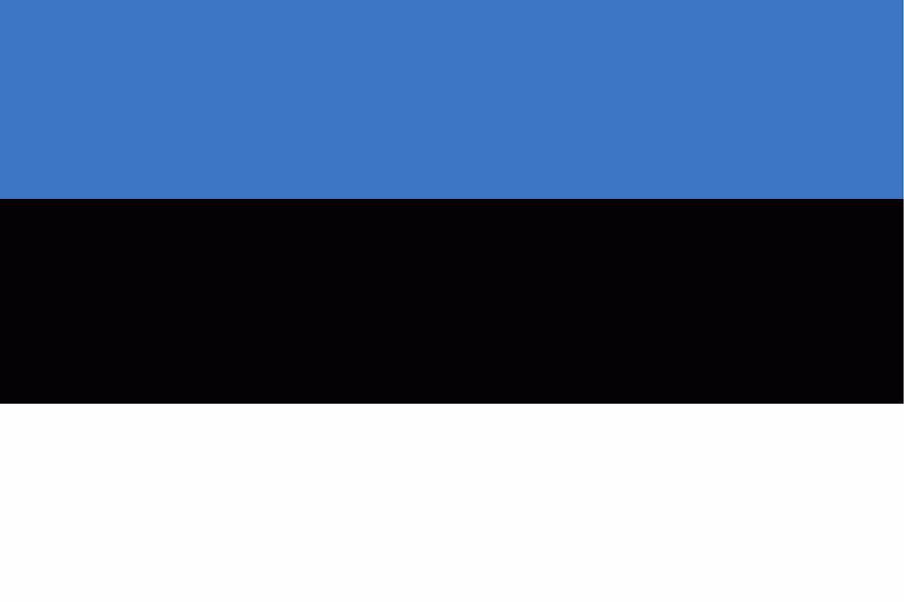 The National Flag of Estonia is a horizontal tricolor featuring three equal horizontal bands of blue (top), black, and white.