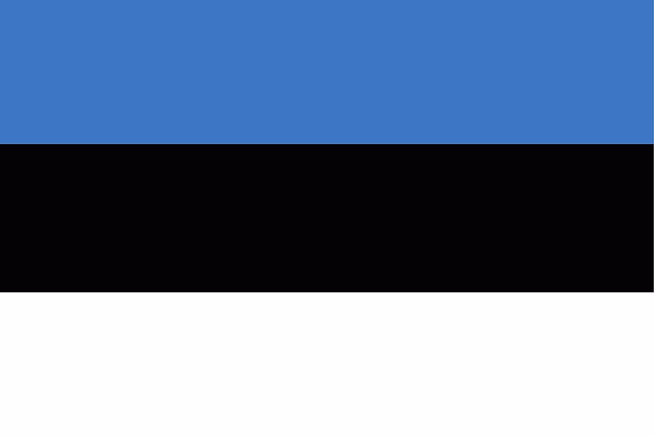 The National Flag of Estonia is a horizontal tricolor featuring three equal horizontal bands of blue (top), black, and white.