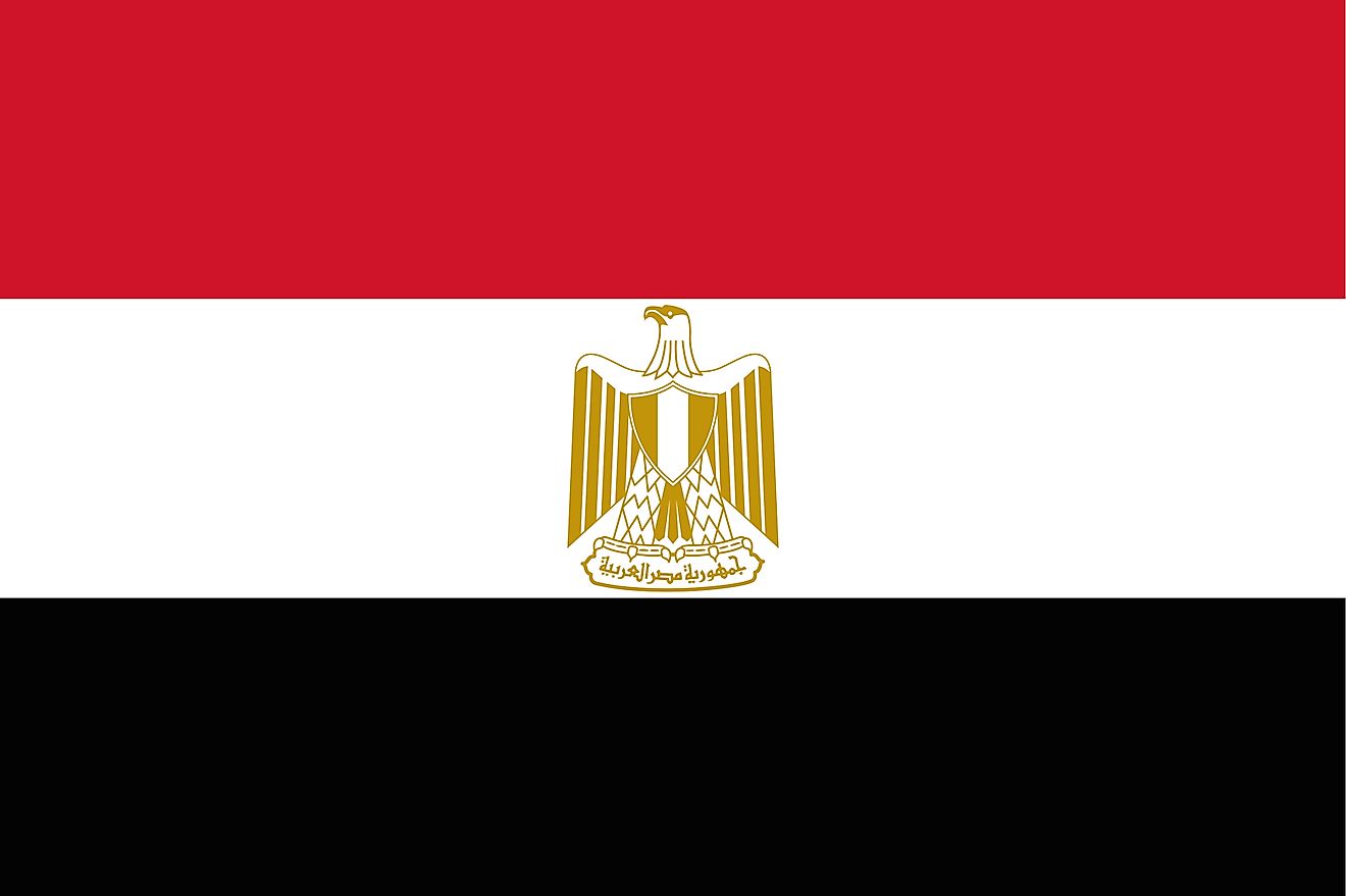 The National Flag of Egypt is a horizontal tricolor featuring three equal horizontal bands of red (top), white, and black. 