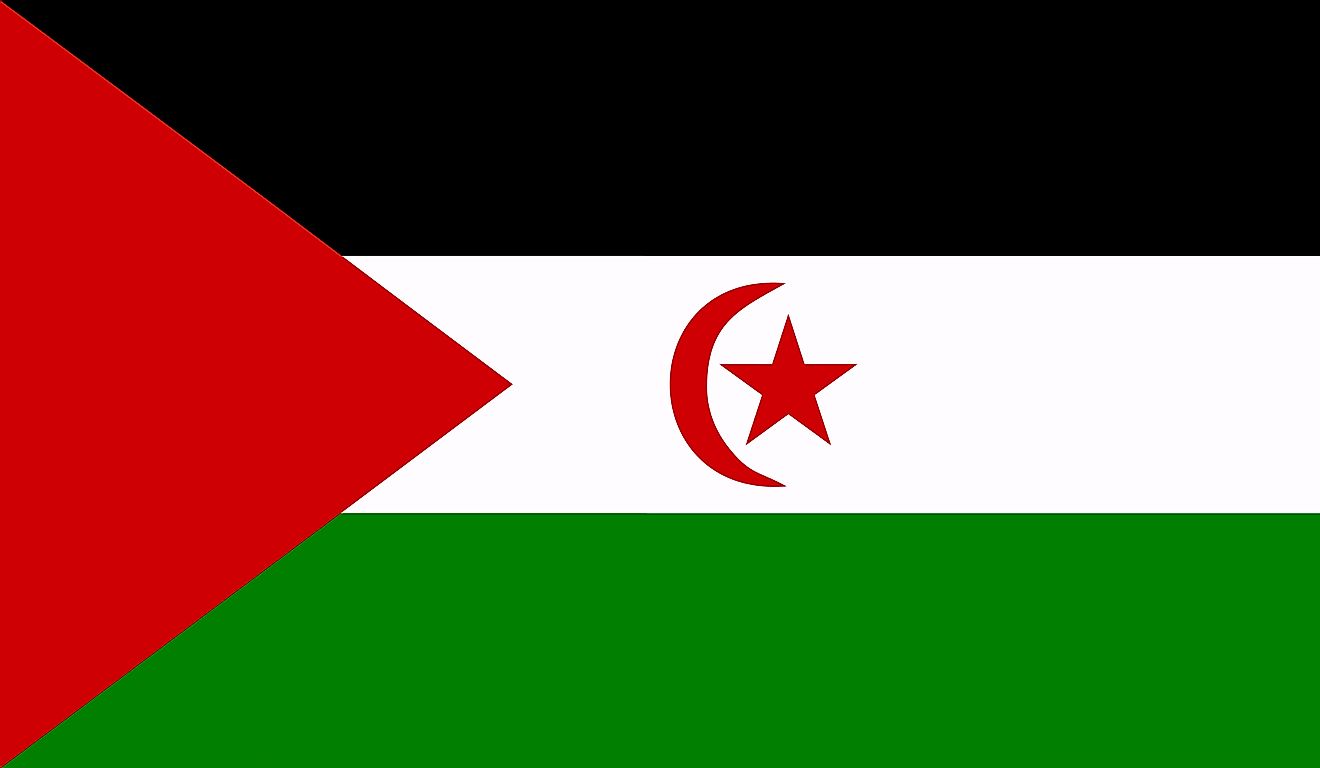The National Flag of Western Sahara (Sahrawi Arab Democratic Republic) features three equal horizontal bands of black (top), white and green.