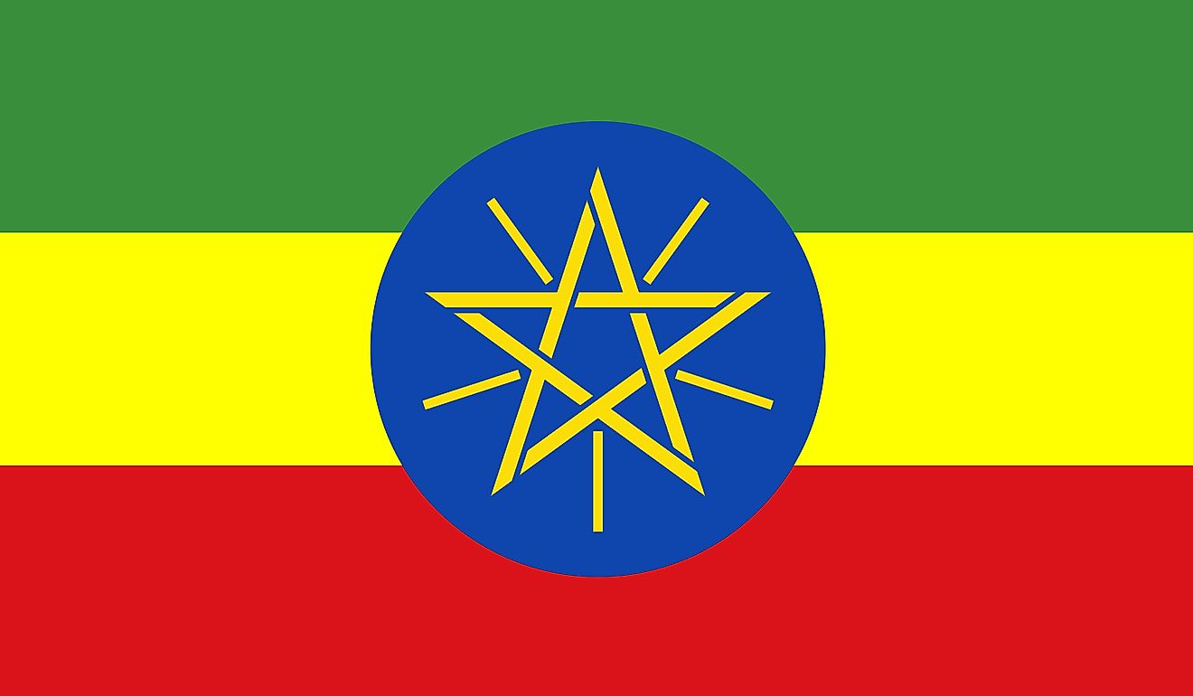 The National Flag of Ethiopia features three equal horizontal bands of  green, yellow and red with a central blue disk containing a yellow star.