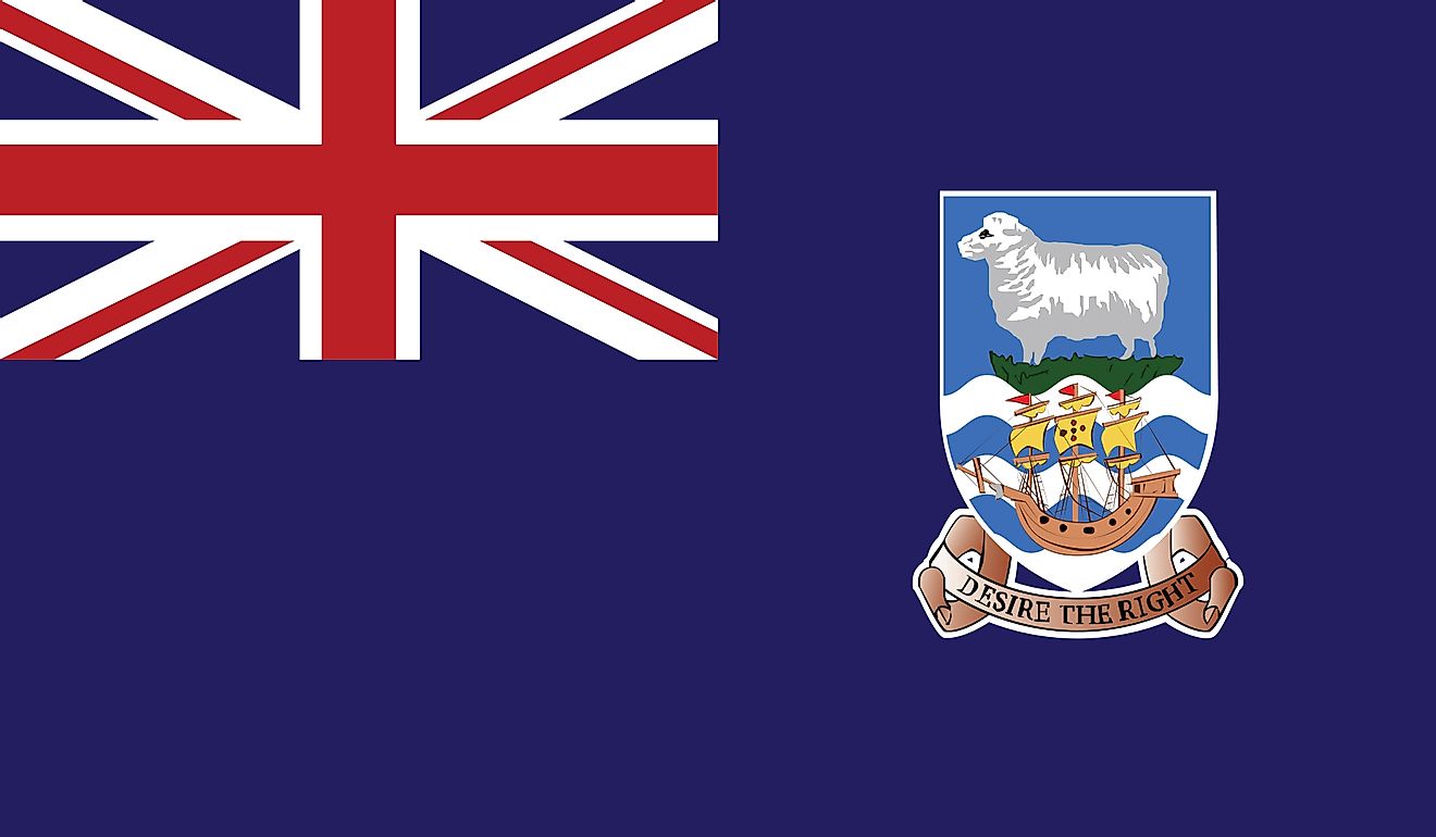 The flag of Falkland Islands comprises a blue background with the Union Jack in the upper hoist-side quadrant and the Falkland Island coat of arms centered on the outer half of the flag