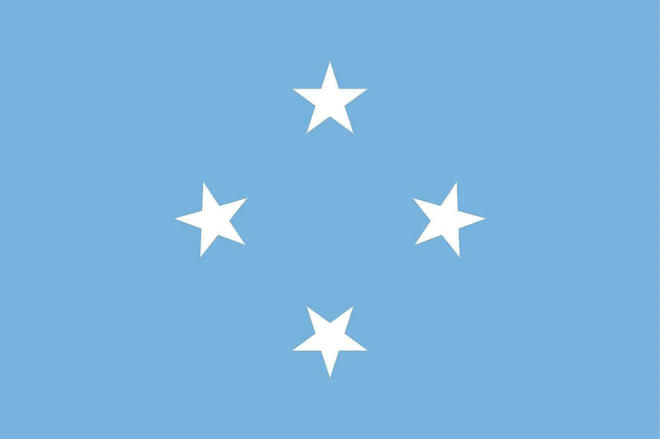 The National Flag of Micronesia features a light blue background with four white five-pointed stars positioned at the center and arranged in a diamond pattern.