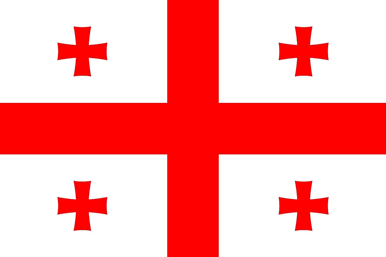 The flag of Georgia is a white rectangular flag with a red cross at the center, touching on the four sides of the flag, and Bolnur-Katskhuri crosses on each quarter.