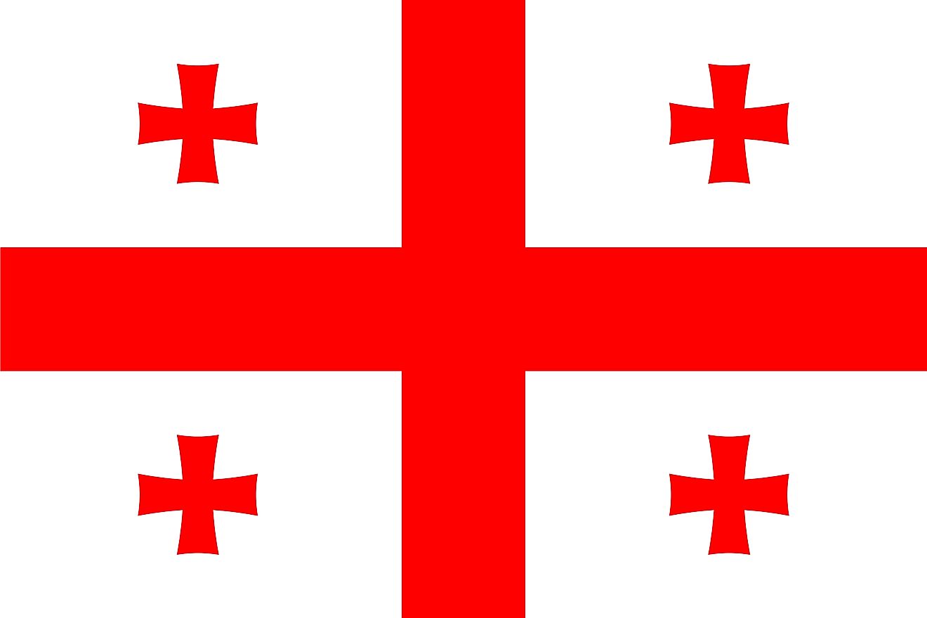 The flag of Georgia is a white rectangular flag with a red cross at the center, touching on the four sides of the flag, and Bolnur-Katskhuri crosses on each quarter.