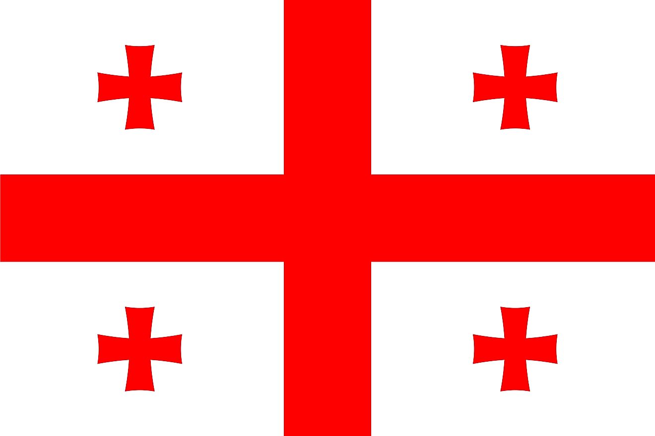 The flag of Georgia is a white rectangular flag with a red cross at the center, touching on the four sides of the flag, and Bolnur-Katskhuri crosses on each quarter.