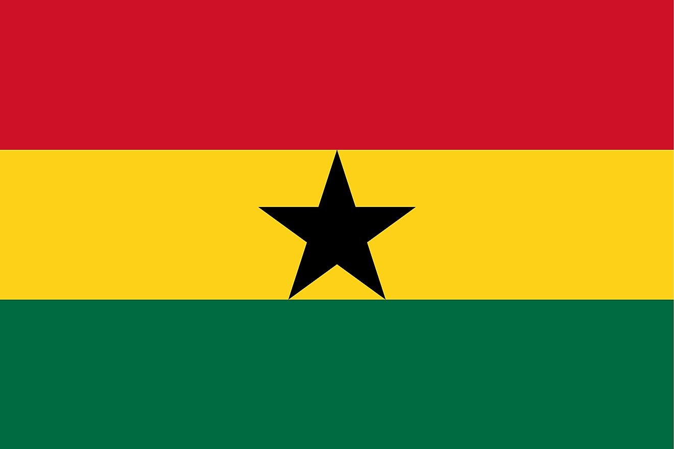 The national flag of Ghana is a tricolor flag with three horizontal bands of red, yellow, and green and a black star centered on yellow band
