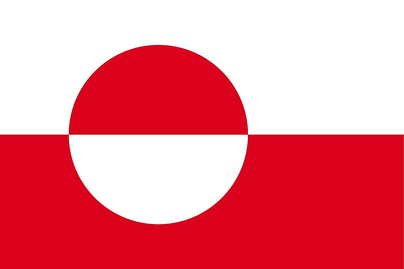 The flag of Greenland comprise two equal horizontal bands of white and red with a  large red (top) and white (bottom) disc. 
