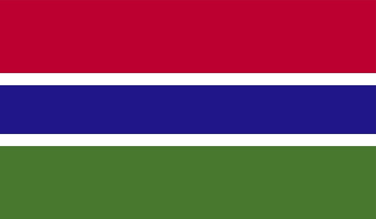 Flag of The Gambia features three horizontal bands of red (top), blue, and green, separated two thin white bands. 