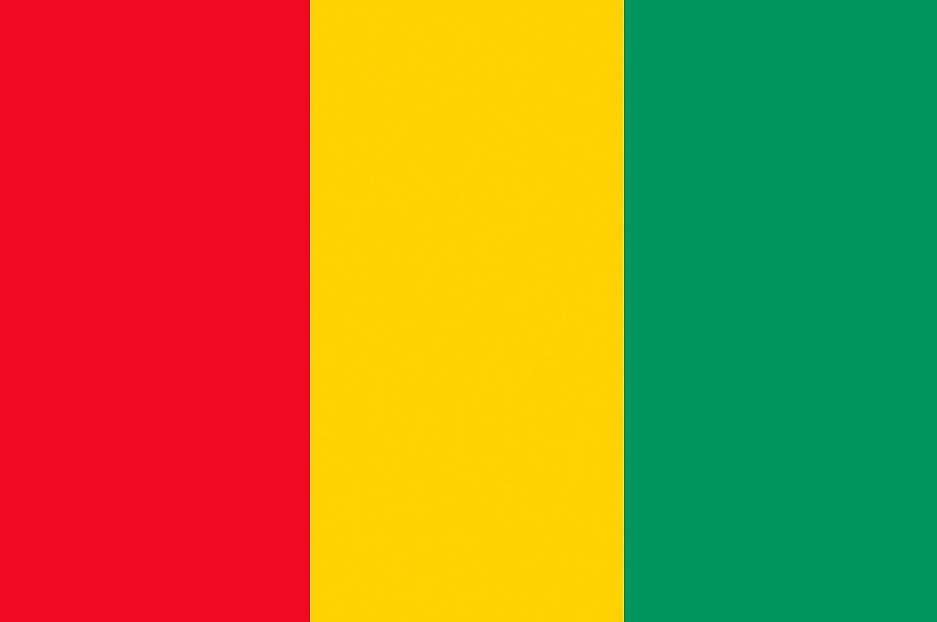 The flag of Guinea is a tricolor flag of red (hoist), yellow, and green vertical bands. 