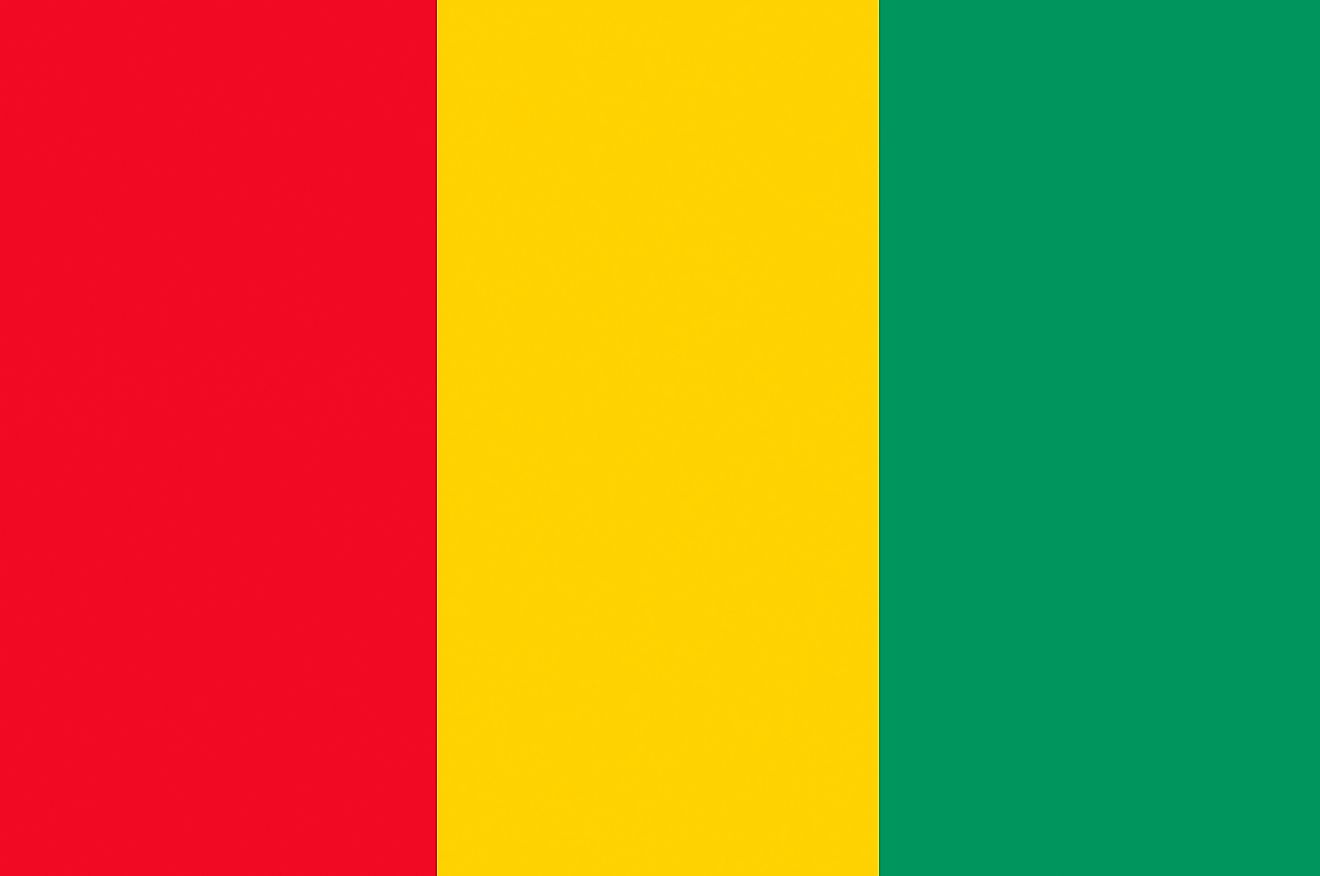 The flag of Guinea is a tricolor flag of red (hoist), yellow, and green vertical bands. 