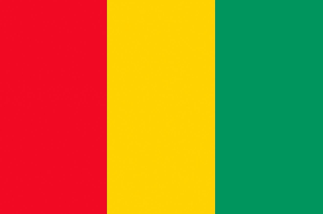 The flag of Guinea is a tricolor flag of red (hoist), yellow, and green vertical bands. 