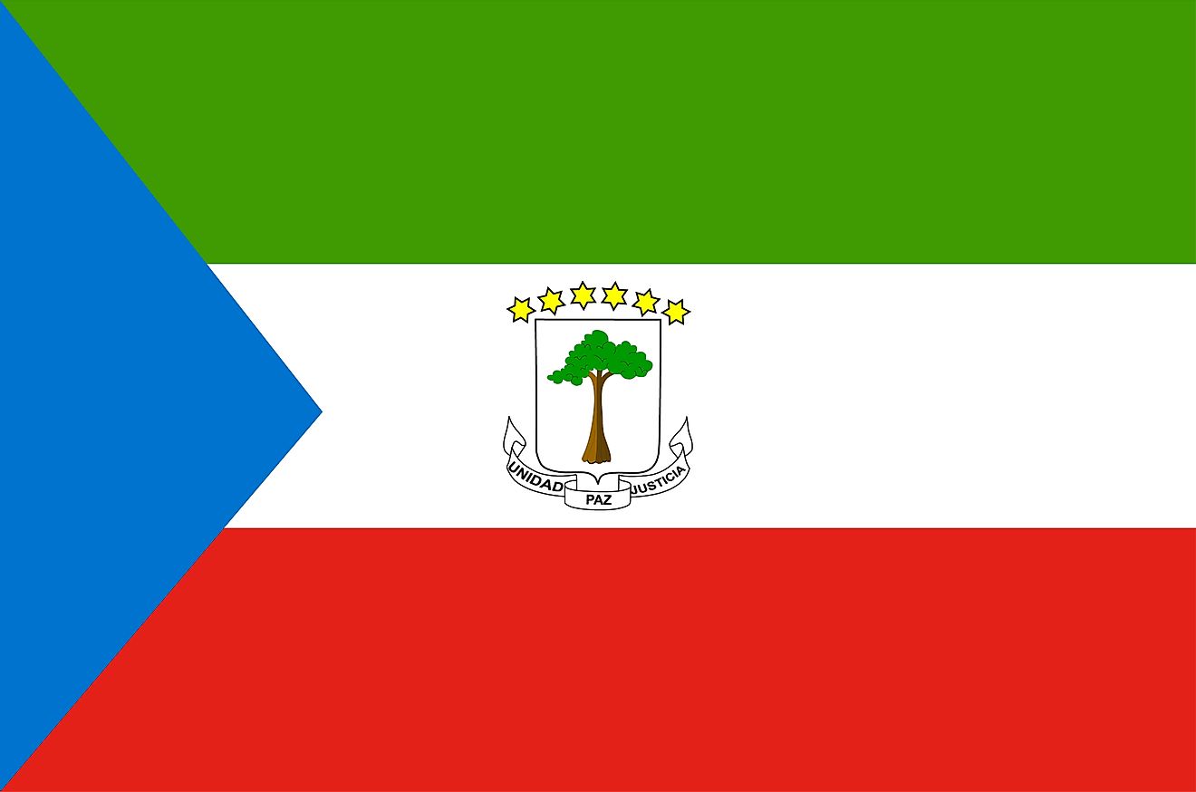 The flag of Equatorial Guinea comprises three equal horizontal bands of green (top), white, and red, with a blue isosceles triangle on the hoist side and the coat of arms centered in the white band