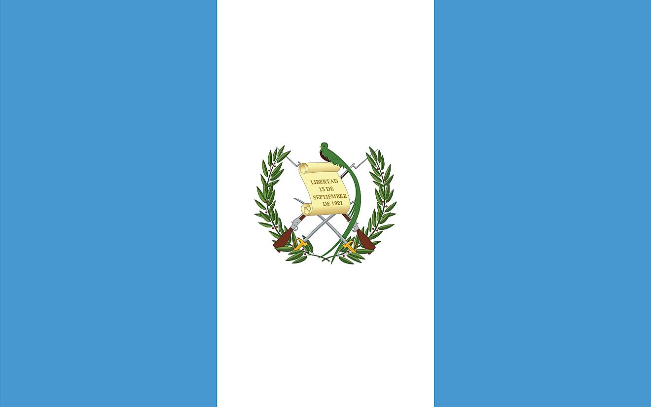 Flag of Guatemala is a tricolor flag of blue, white, blue vertical bands with the coat of arms centered on the white field.