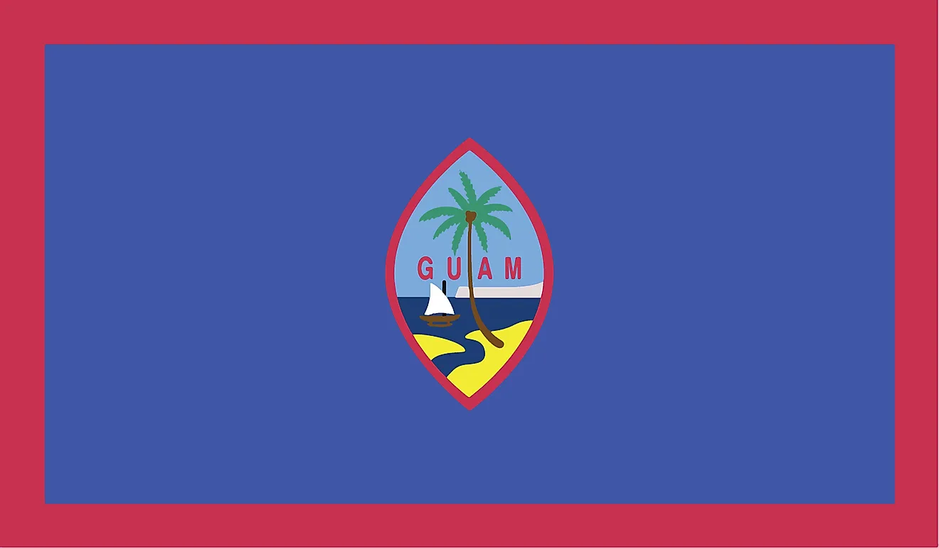 The Territorial Flag of Guam features a dark blue background with a narrow red border on all four sides, with a centrally placed Guam Coat of Arms