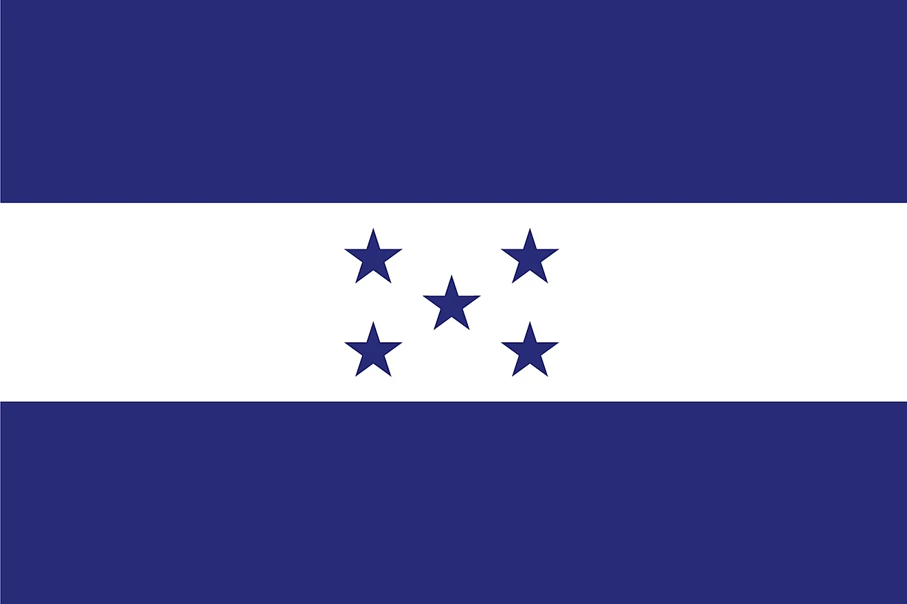 The national flag of Honduras is a tricolor horizontal flag of white sandwiched between two blue bands with five stars centered on white