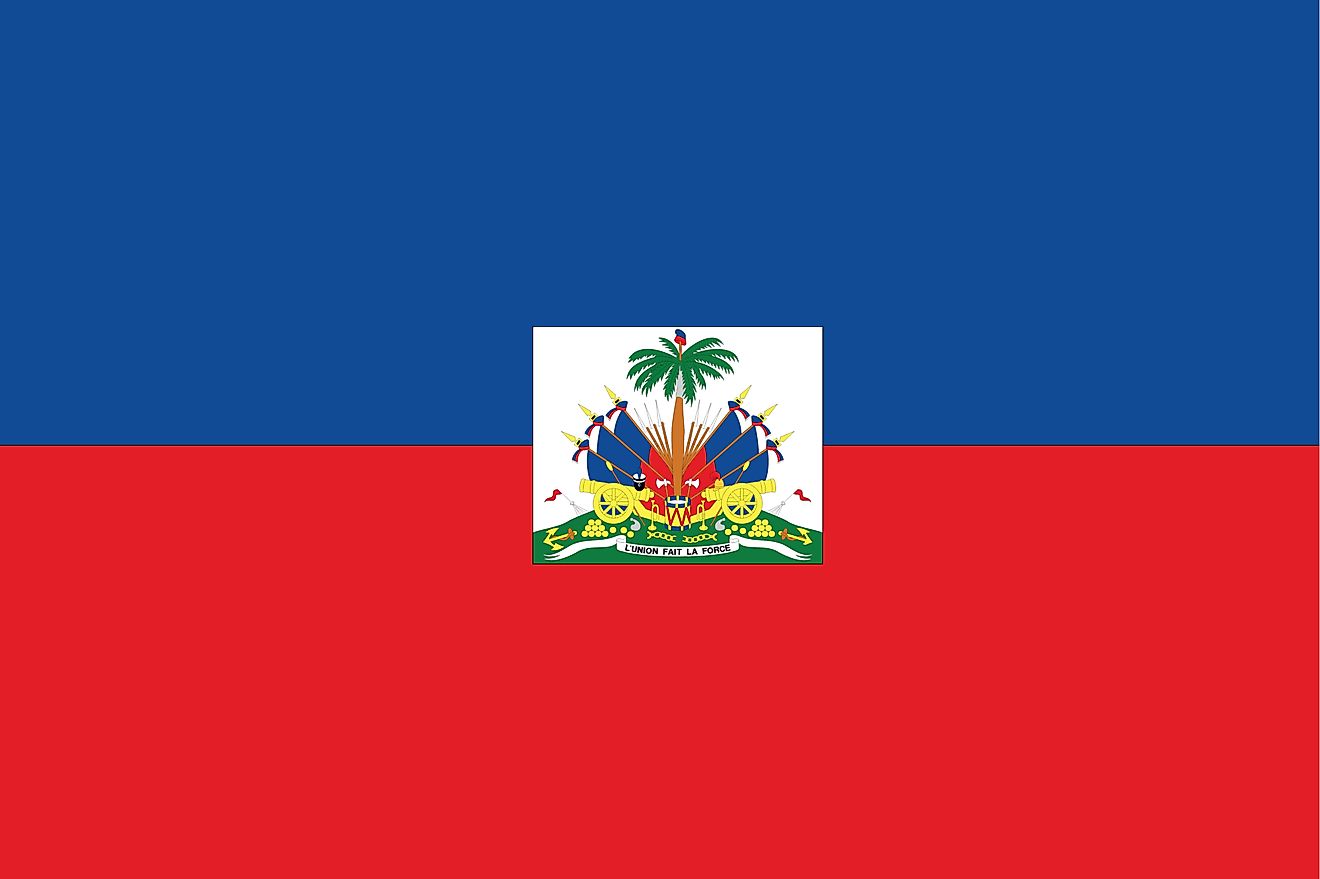 The national flag of Haiti consists of two equal horizontal bands of blue and red with the coat of arms at the center. 