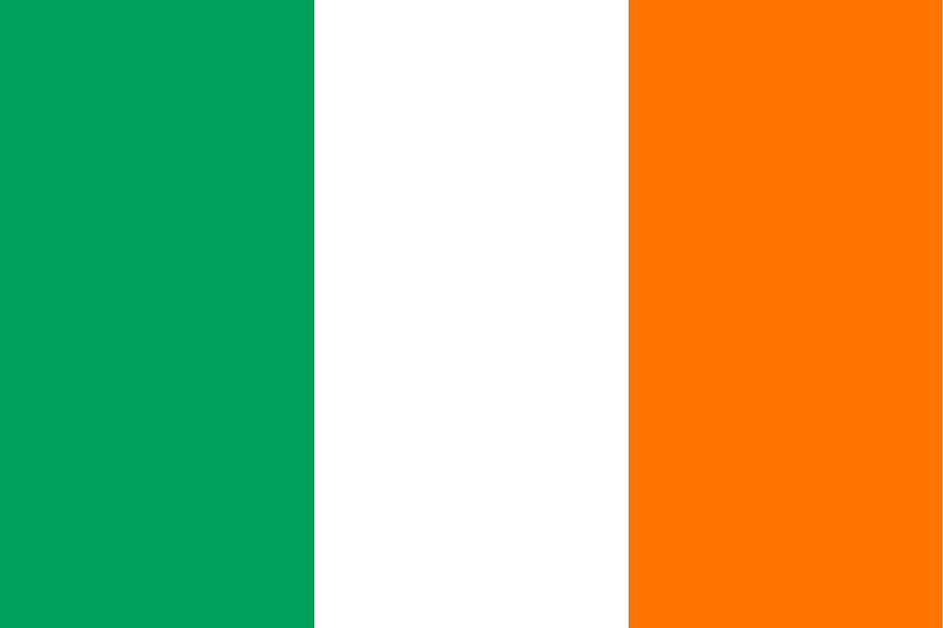 The flag of Ireland is a tricolor flag consisting of vertical bands of green (hoist), white, and red.