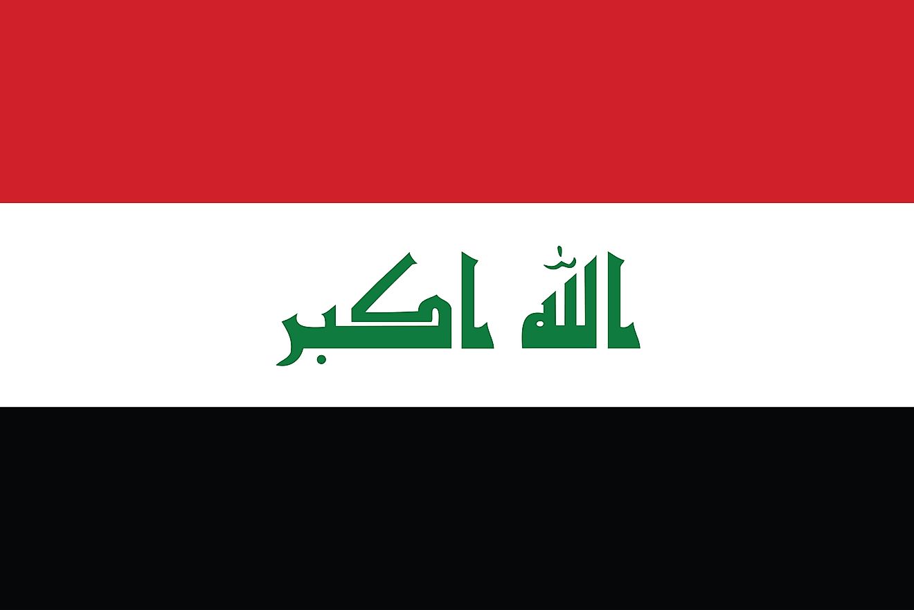 The flag of Iraq is a tricolor flag of red (top), white, and black horizontal bands with green inscription "Takbir" on white.