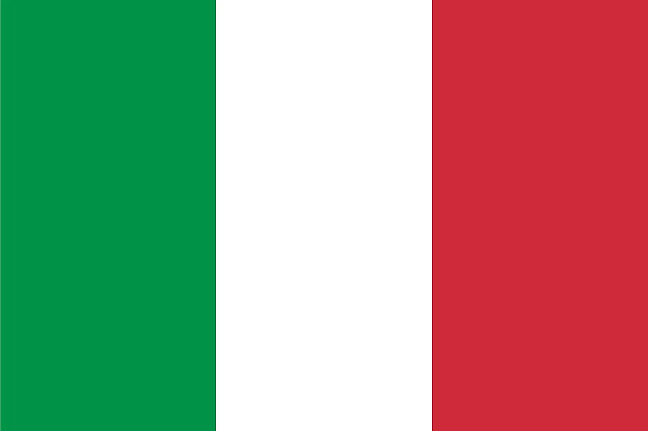 The national flag of Italy is a tricolor flag of green (hoist), white, and red equal vertical bands.