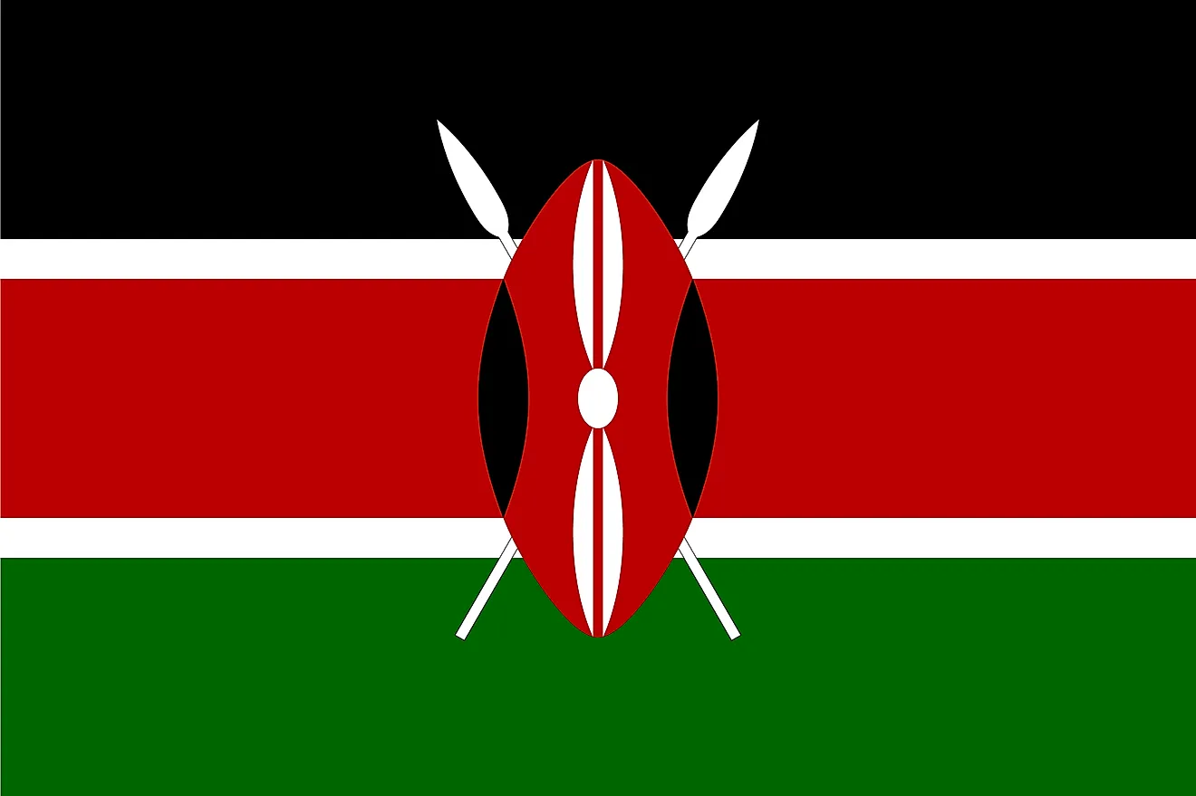 The flag of Kenya is a tricolor flag of black (top), red, and green horizontal bands separated from each other by two white stripes, with a traditional shield covering crossed spears.