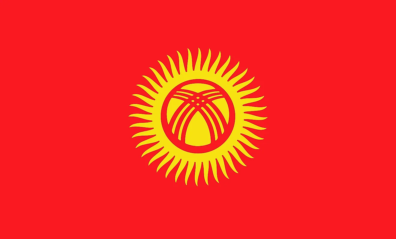 The National flag of Kyrgyzstan features A red field with a yellow sun in the center having 40 rays.