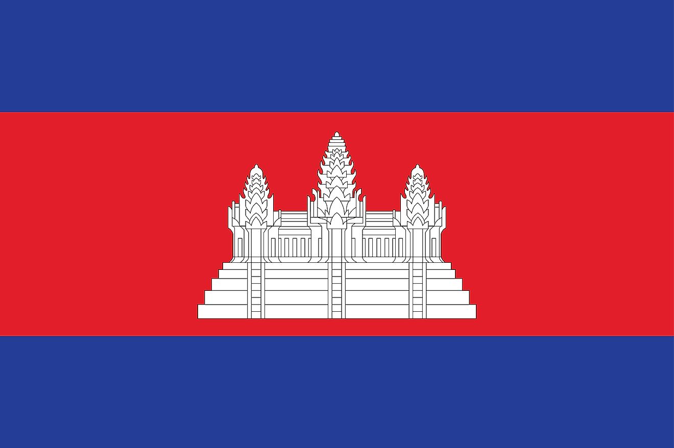 Flag of Cambodia  features a horizontal tri-band made up of two colors: red and blue.