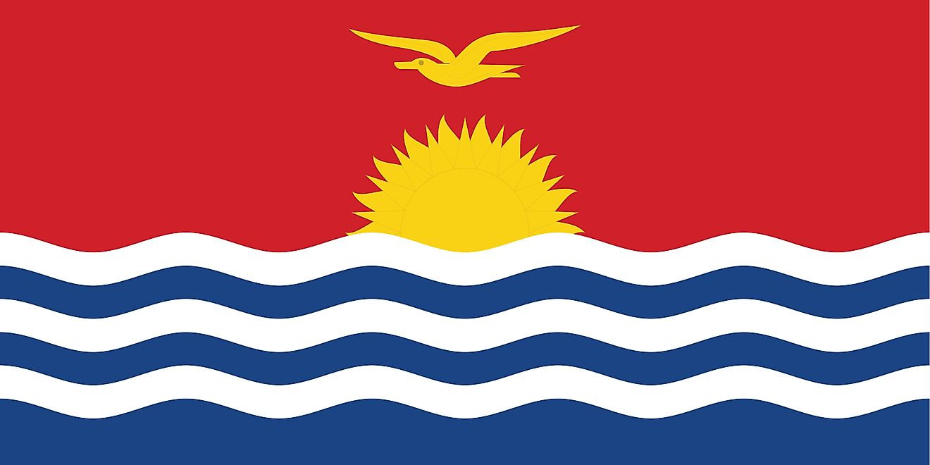 The National Flag of Kiribati is a horizontal bicolor comprising of six wavy horizontal stripes of white and blue beneath a red background featuring a yellow bird and a rising sun. 