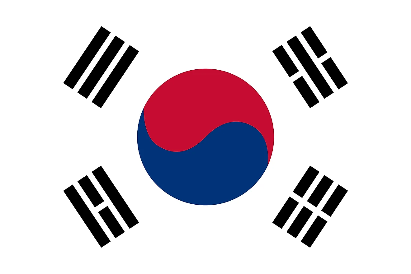 The national flag of South Korea consists of a white background and Taeguk at the center, surrounded by four trigram, one one each corner of the flag. 