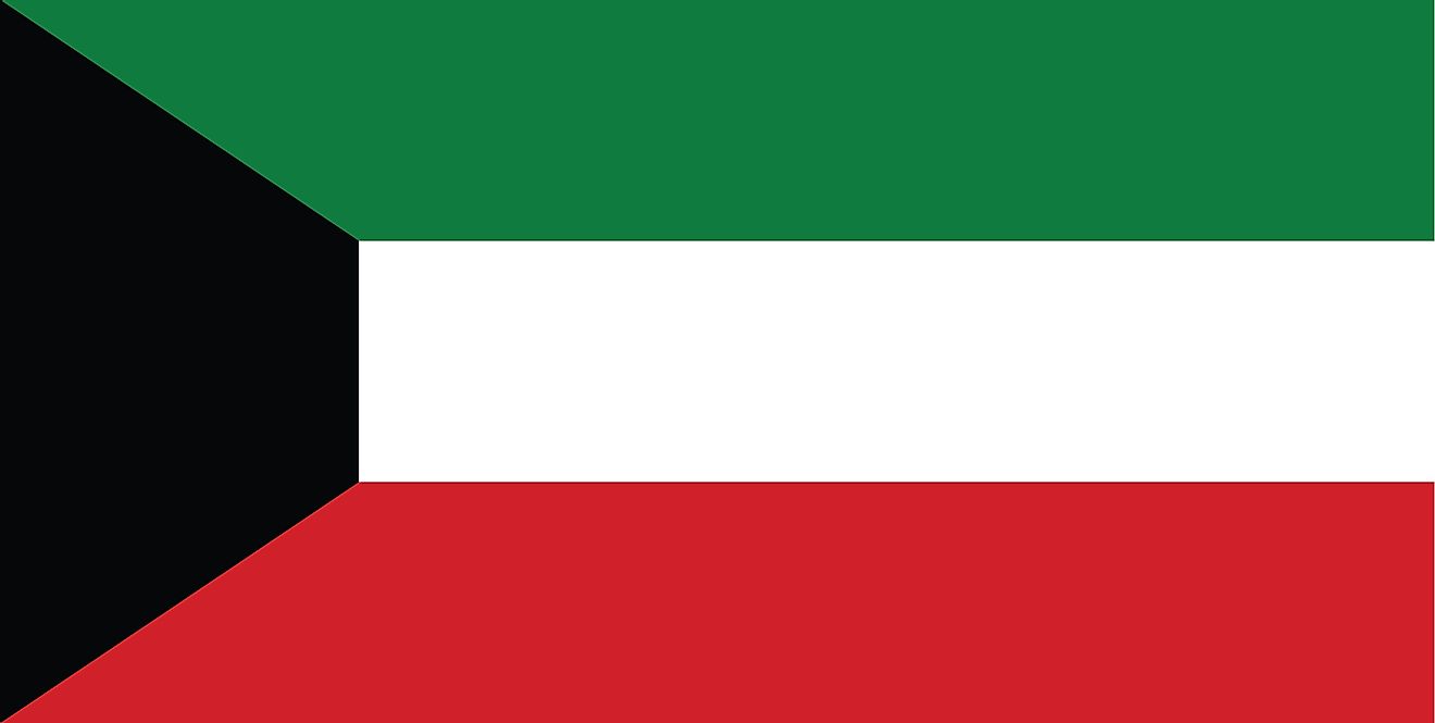 The flag of Kuwait consists of a black trapezoid on the hoist side and three equal horizontal bands of Green (top), white, and red