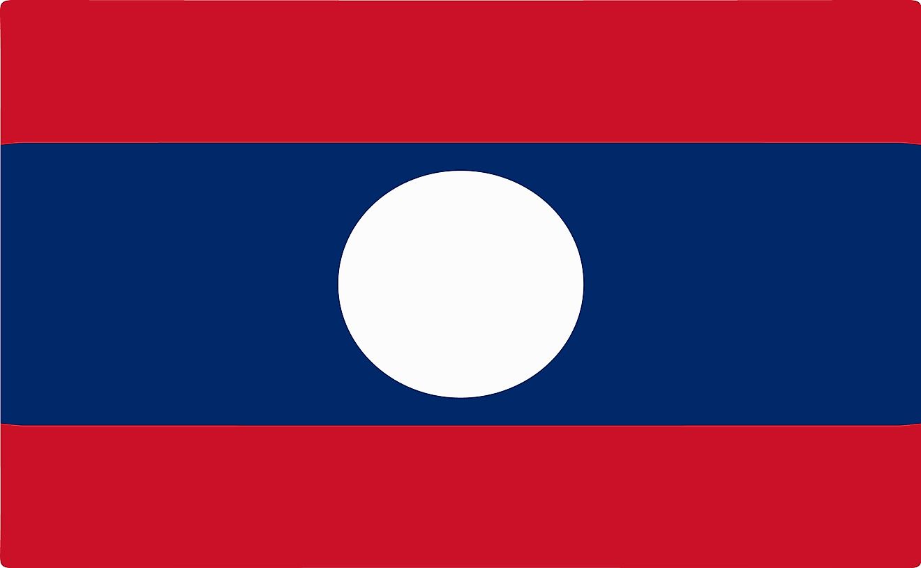 The flag of Laos consist of two equal red horizontal bands (top and bottom) and a large blue band with white disc in the middle